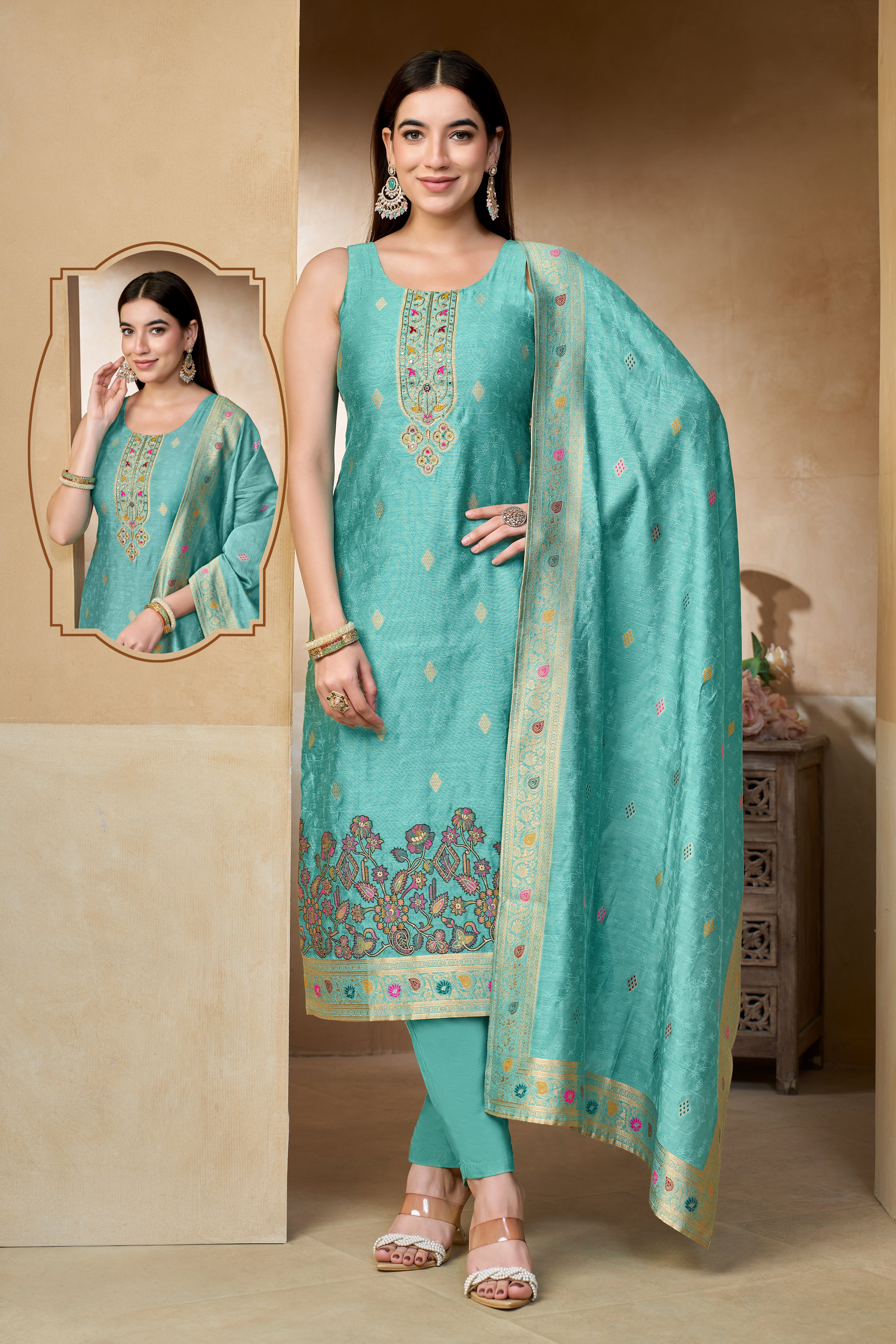 Aqua Mint Banaras Silk Floral Woven Suit Set